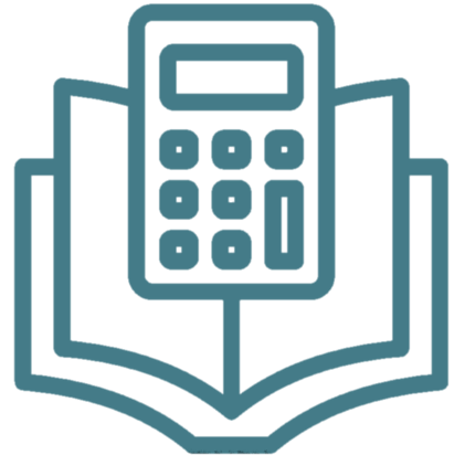 Icon of an open book with a calculator on top, symbolizing bookkeeping and financial management.