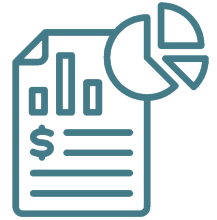 An illustration of a financial report featuring a dollar sign, bar graph, and pie chart, representing bookkeeping and financial analysis.